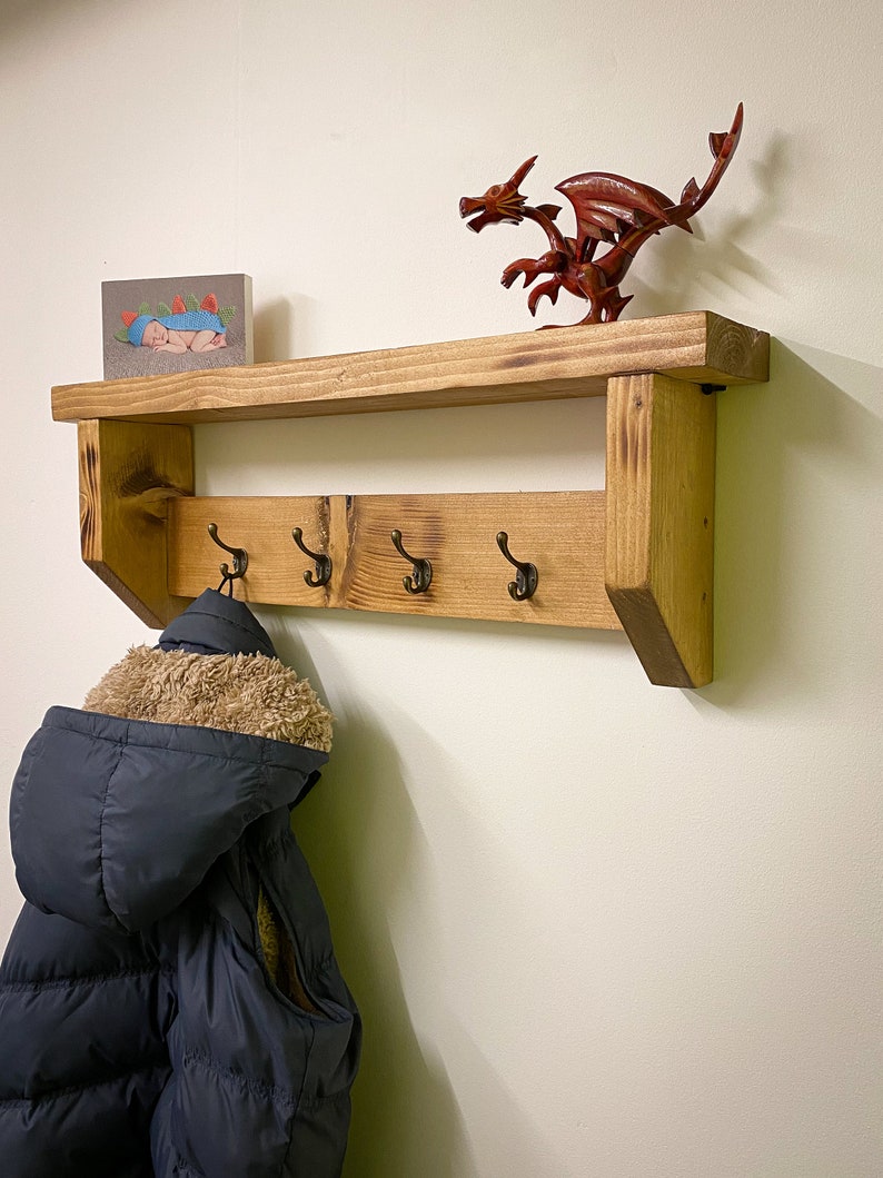 Handmade Rustic Wooden Coat Rack With Shelf Wooden Coat Etsy