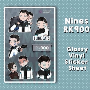 Puede incluir: Una hoja de pegatinas con nueve ilustraciones diferentes de un personaje del videojuego Detroit: Become Human. El personaje es un androide de ojos azules con el pelo corto y oscuro. Las pegatinas son brillantes y están impresas en vinilo. La hoja incluye el texto "Nines RK900" y "Me gustan los gatos".