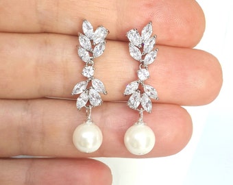 Pearl bridal earrings pearl wedding earrings pearl & crystal earrings bridal pearl drop earrings wedding diamond and pearl earrings dangle