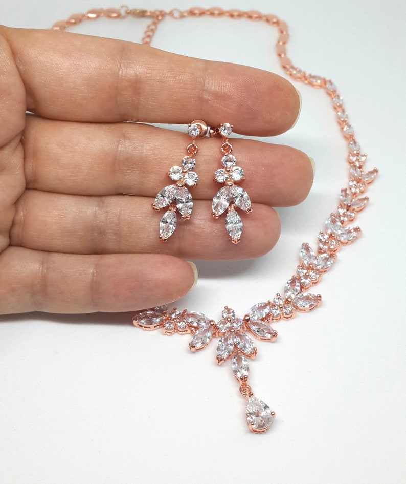 Bridal Jewelry Set Rose Gold Necklace and Earrings Wedding Etsy