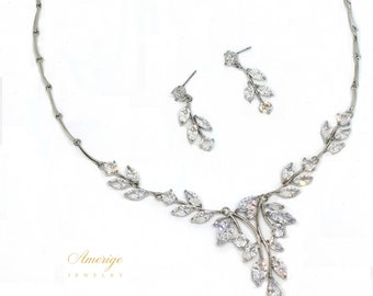 Crystal bridal necklace set wedding necklace silver bridal jewelry set leaf necklace earring set wedding jewelry set simple prom jewelry set