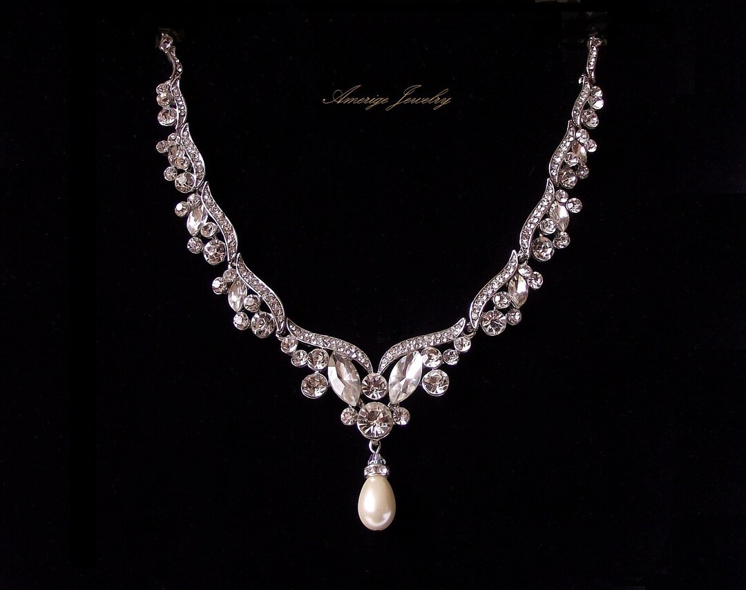Crystal Bridal Necklace Pearl Wedding Necklace and Earrings - Etsy