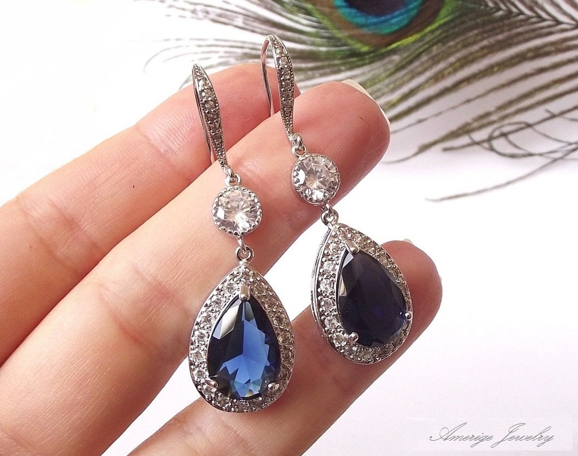 Luxury Sapphire Blue Crystal Drop Necklace and Earrings Set main image 1