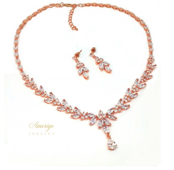 Rose Gold Bridal Necklace Set Vine Crystal Wedding Jewelry Set