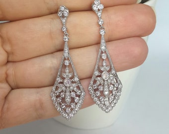 Long chandelier earrings bridal earrings silver wedding earrings crystal bridal chandelier earrings long bridal art deco rhinestone earrings