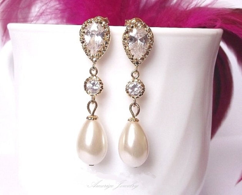 Bridal Earrings Gold & Pearl Wedding Earrings Gold Bridal Etsy