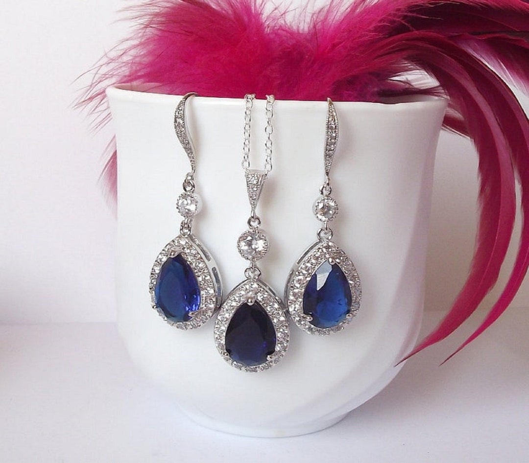 Luxury Sapphire Blue Crystal Drop Necklace and Earrings Set main image 0