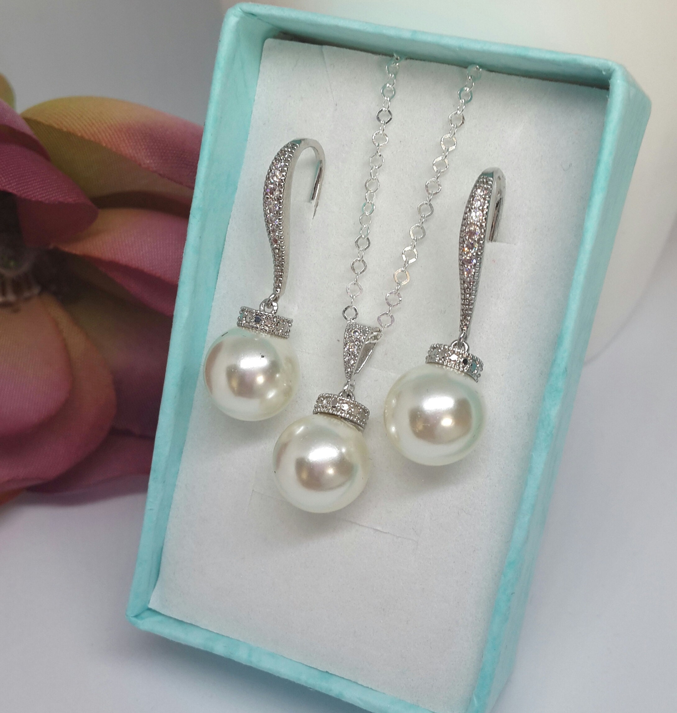 Bridal Jewelry Set Pearl Necklace and Earring Set Bridal Pearl | Etsy