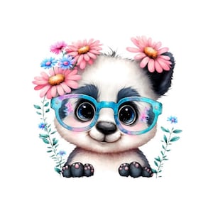 Kolorowy obrazek do naprasowania panda w okularach i kwiatach