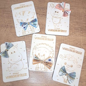 Tarjeta de regalo de dinero personalizada "Little Wish Fulfiller" - con motivos de animales y el nombre deseado, perfecta para un nacimiento, un bautismo o un cumpleaños