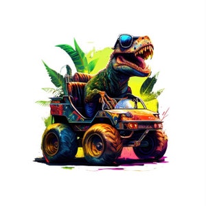 Patch thermocollant T-Rex coloré dans un camion monstre pour enfants et adultes, pour cartables, T-shirts, sacs, oreillers, pulls, vestes en jean