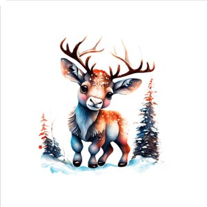 May include: A watercolor illustration of a cute cartoon deer with large brown eyes and antlers standing in a snowy forest. The deer is brown, blue, and orange with white spots. The forest is made up of two green pine trees with snow on the branches.