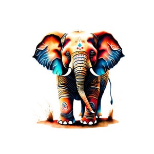 Könnte beinhalten: Eine farbenfrohe Illustration eines Elefanten mit komplizierten Mustern und Designs auf seinem Körper. Der Elefant blickt nach vorne, mit erhobenem Rüssel und ausgebreiteten Ohren. Der Hintergrund ist weiß.
