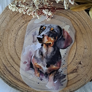 Könnte beinhalten: Ein Aquarellbild eines Dackels mit schwarzem und braunem Fell. Der Hund sitzt mit dem Kopf zur Seite geneigt und der Zunge heraus.
