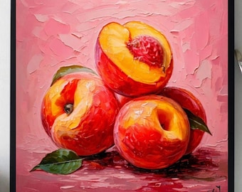 May include: A square canvas art print featuring a still life of peaches. The painting shows several ripe peaches, some sliced open, with vibrant red and yellow hues. A few green leaves are also visible against a pink background.