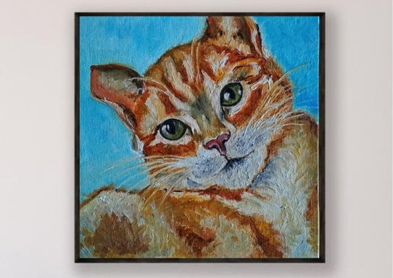 猫の絵画 オリジナル油絵 8 x 8インチ 壁装飾 印象派 彼女へのユニーク