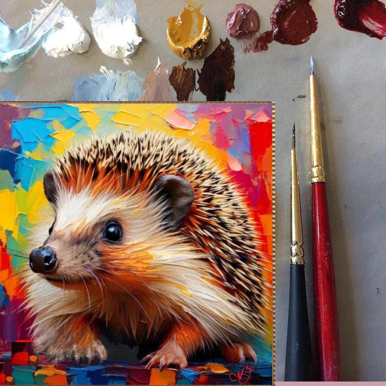 ハリネズミの絵画 キャンバスに描かれたオリジナルアート テクスチャー