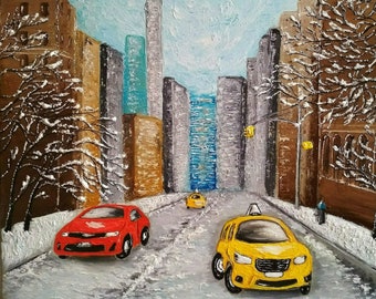 New York Painting ORIGINAL Art on Canvas Oil Textured Artwork Impasto Wall Decor 16x20 in Personalized Unique Gift for Her VERY BEAUTIFUL !
