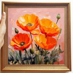 California Poppy Painting ORIGINAL ART on Canvas Custom Order Textured Oil Artwork Flowers Wall Decor Impasto Unique Gifts for Her