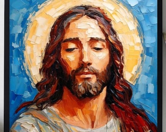 May include: A painting of Jesus Christ with a halo, depicted in a realistic style with a focus on detail. The painting features a warm colour palette with shades of blue, yellow, and brown.