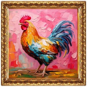 Rooster Painting ORIGINAL ART on Canvas Textured Oil Artwork Animal Wall Decor Impasto Unique Gifts for Her Very Beautiful!