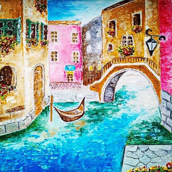 Venice Painting on Canvas ORIGINAL Art Custom Order 3D Textured Oil Artwork Italy Painting Venice Wall Art Impasto Painting Unique Gifts