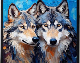 若いオオカミを描いた油絵、動物アートのオリジナル作品、ミコラ