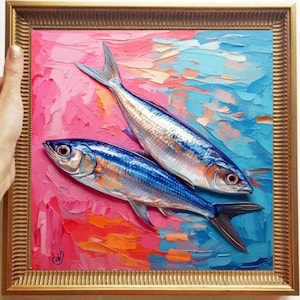 Sardine Painting ORIGINAL ART on Canvas Textured Oil Artwork Kitchen Wall Decor Impasto Unique Gifts for Her