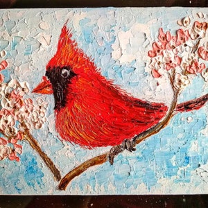 Roter Kardinal Malerei ORIGINAL Art Oil Impasto Kunstwerk strukturierte Wanddekor 6 x 8 in personalisierte einzigartige Geschenke