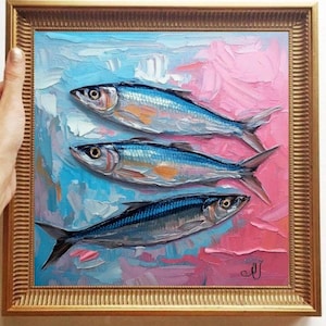 Sardine Painting ORIGINAL ART on Canvas Custom Order Textured Oil Artwork Kitchen Wall Decor Impasto  Unique Gifts for Her