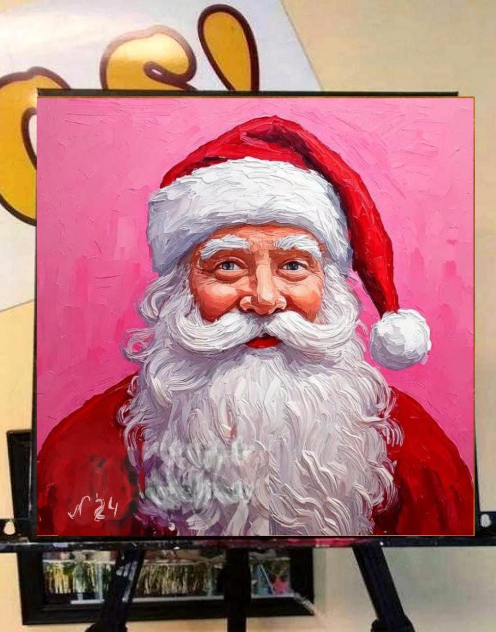 サンタの絵画 キャンバスに描かれたオリジナルアート テクスチャ加工の