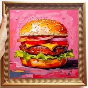 Burger Painting ORIGINAL ART on Canvas Custom Order Textured Oil Artwork Kitchen Wall Decor Impasto  Unique Gifts for Her