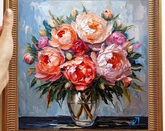 Peonies Painting ORIGINAL ART on Canvas Textured Oil Artwork Custom Order Impasto Personalized gifts Very Beautiful!