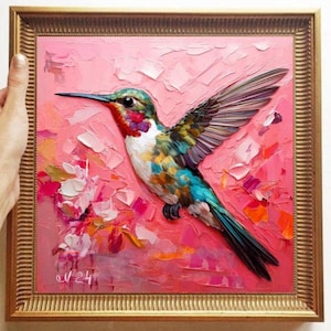 Hummingbird Painting ORIGINAL ART on Canvas Custom Order Textured Oil Artwork Animal Wall Decor Impasto Unique Gifts for Her Very Beautiful!