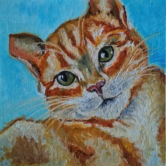 猫の絵画 オリジナル油絵 8 x 8インチ 壁装飾 印象派 彼女へのユニーク