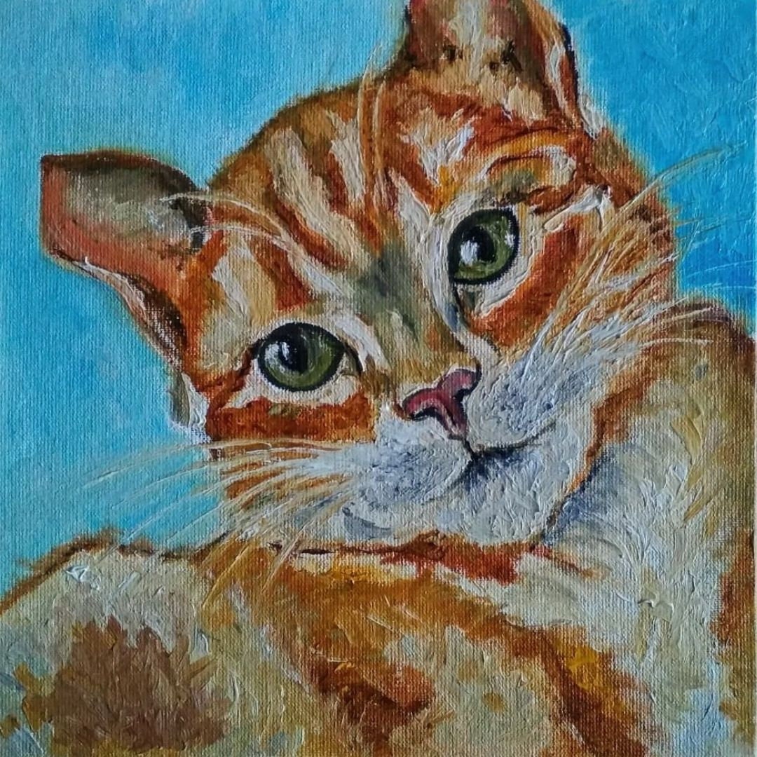 猫の絵画 オリジナル油絵 8 x 8インチ 壁装飾 印象派 彼女へのユニーク