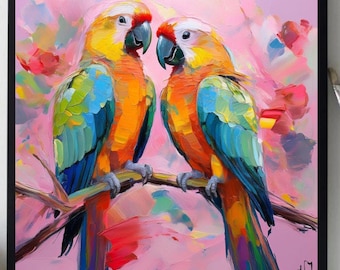 Parrots Painting ORIGINAL ART on Canvas Custom Order Textured Oil Artwork Animal Wall Decor Impasto  Unique Gifts for Her Very Beautiful!