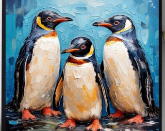 ペンギンの子 油絵 動物 オリジナルアート 鳥 厚塗りアートワーク