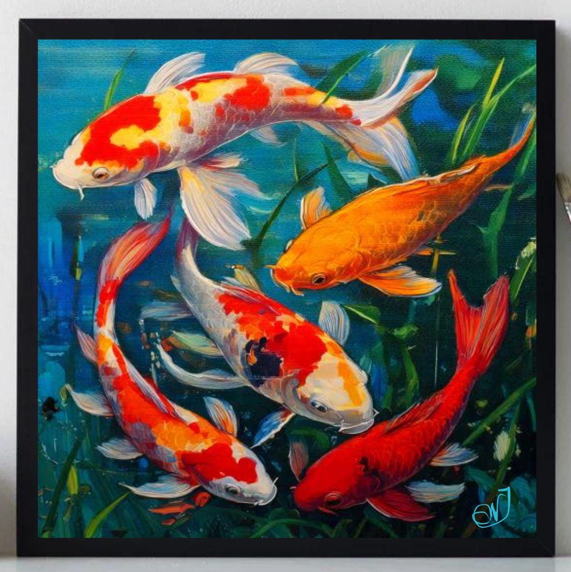 Koi fish Painting ORIGINAL ART on Canvas Custom Order Textured Oil Artwork Animal Wall Decor Impasto Unique Gifts for Her Very Beautiful!