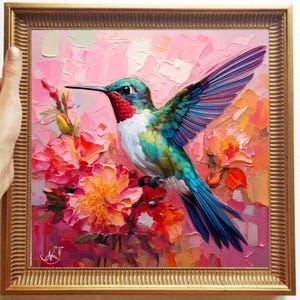 Hummingbird Painting ORIGINAL ART on Canvas Custom Order Textured Oil Artwork Animal Wall Decor Impasto Unique Gifts for Her Very Beautiful!