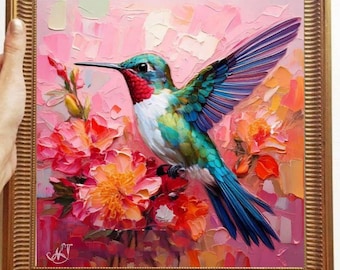 Hummingbird Painting ORIGINAL ART on Canvas Custom Order Textured Oil Artwork Animal Wall Decor Impasto Unique Gifts for Her Very Beautiful!