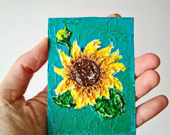 3D Art, ACEO ORIGINAL ART, Sunflowers Aceo Cards, Small Textured Artwork 3.5 x 2.5 in Personalized Gifts for Her