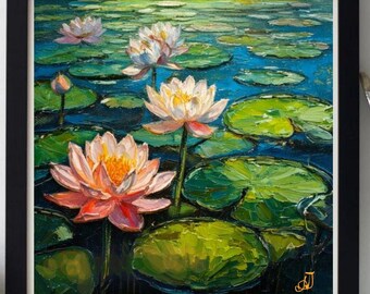 Water lilies Painting ORIGINAL ART on Canvas Lotuses Textured Oil Artwork Custom Order Impasto  Personalized gifts Very Beautiful!