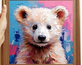 Bear Painting ORIGINAL ART on Canvas Custom Order Textured Oil Artwork Animal Wall Decor Impasto  Unique Gifts for Her Very Beautiful!