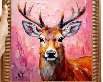森の鹿の絵画、オリジナルアート、すぐに掛けられる、鹿の肖像画