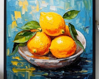 Lemon Painting ORIGINAL ART on Canvas Custom Order Textured Oil Artwork Kitchen Wall Decor Impasto