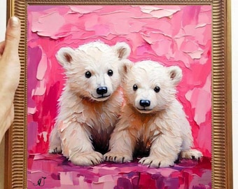 クマのオリジナル絵画、クマの家族、野生の自然アート、ギフトの