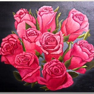 キャンバスに描かれたバラの油絵 オリジナルアート ピンクの花 壁飾り 20x24インチ 彼女へのユニークなギフト