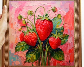 Strawberry Painting ORIGINAL ART on Canvas Custom Order Textured Oil Artwork Kitchen Wall Decor Impasto Unique Gifts for Her