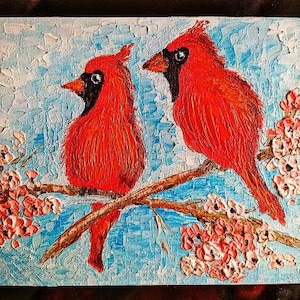 Roter Kardinal Malerei ORIGINAL Kunst Öl Impasto Strukturierte Wand-Dekor 15 x 20 cm personalisierte Geschenke für sie